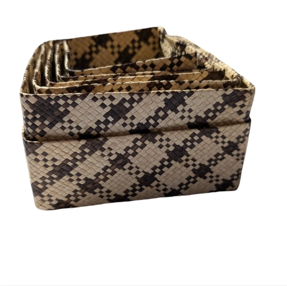 VINTAGE Nested Woven Baskets Set Boho Lidded Square Storage Natural 5PC Lot